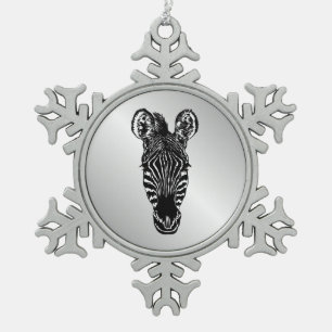 Zebra Head Snowflake Pewter Christmas Ornament