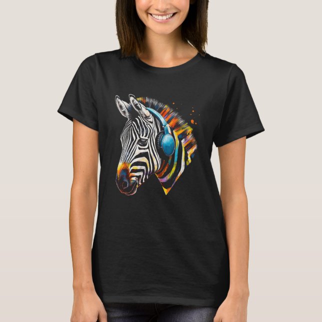 Zebra Headphones Artwork Music Animal Motif Zebra  T-Shirt (Front)