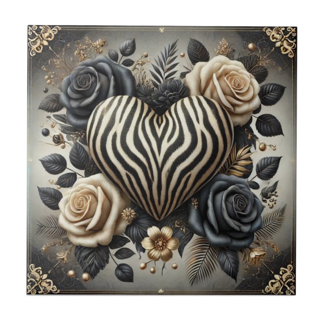Zebra Heart & Rose Glam Ceramic Tile (Front)