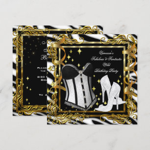 Zebra High Heel Gold Black Corset Birthday Party Invitation
