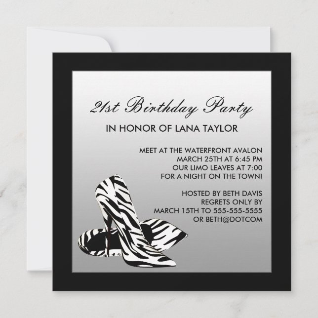 Zebra High Heels 21st Birthday Party Invitation (Front)