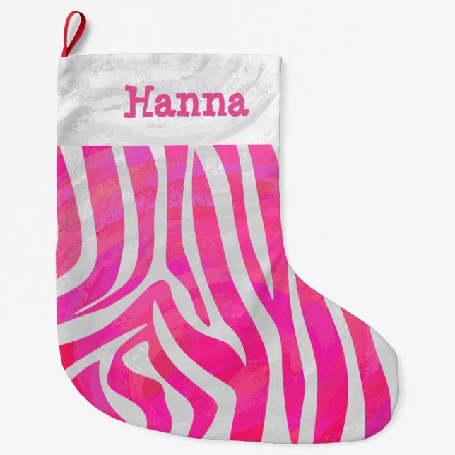 Zebra Hot Pink and White Large Christmas Stocking (Front)