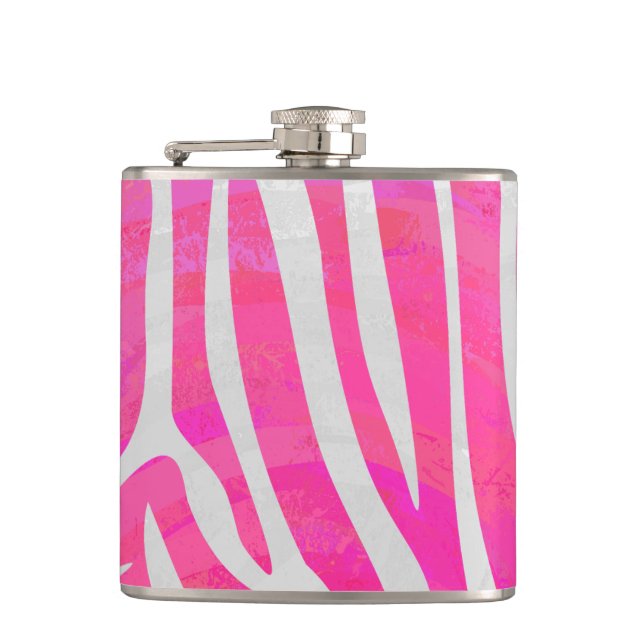 Zebra Hot Pink and White Print Hip Flask (Front)
