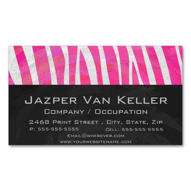 Zebra Hot Pink and White Print Magnetic Business Card (Front)