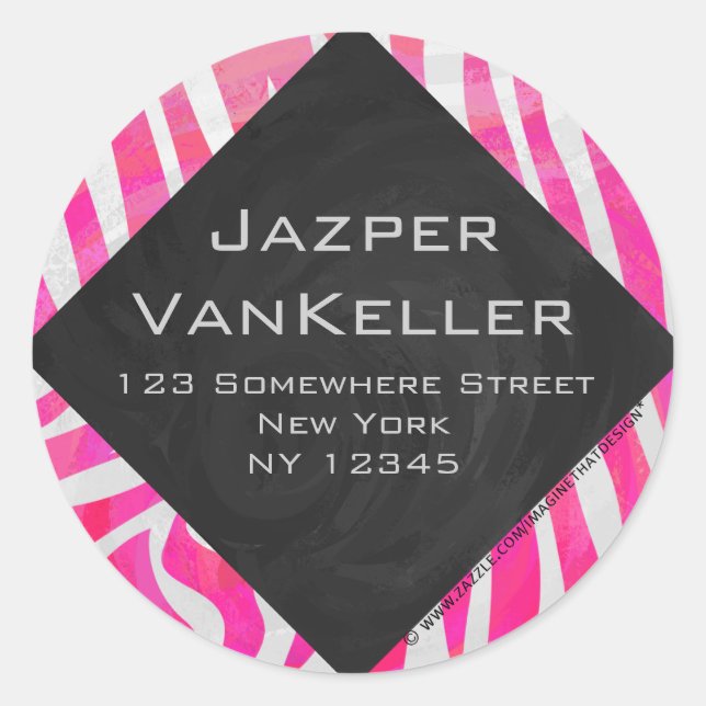 Zebra Hot Pink and White with Monogram Classic Round Sticker (Front)