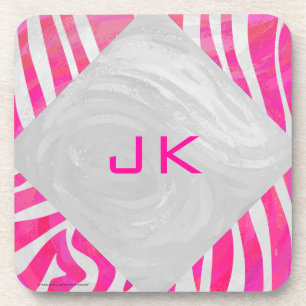 Zebra Hot Pink and White with Monogram Coaster