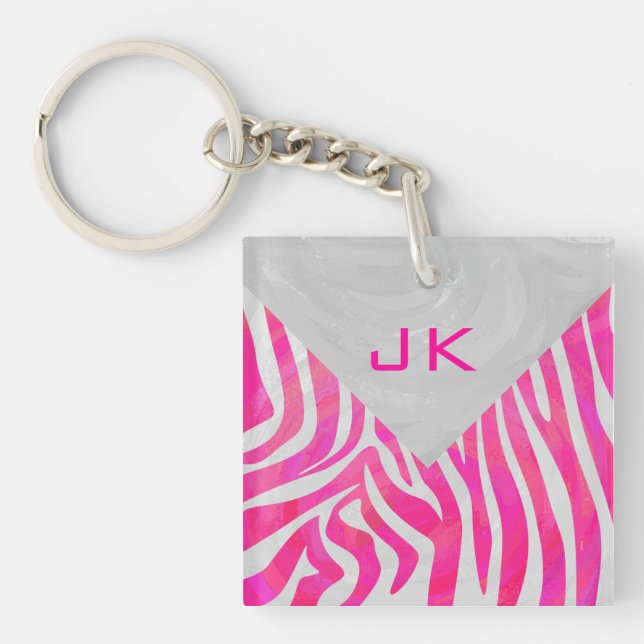 Zebra Hot Pink and White with Monogram Key Ring (Front)