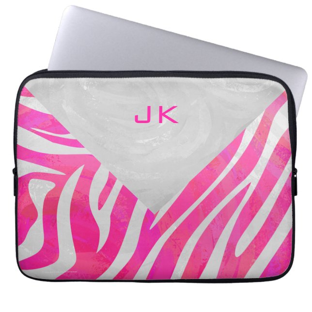 Zebra Hot Pink and White with Monogram Laptop Sleeve (Front)