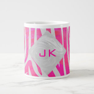 Zebra Hot Pink and White with Monogram Large Coffee Mug
