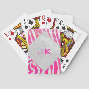 Zebra Hot Pink and White with Monogram Playing Cards