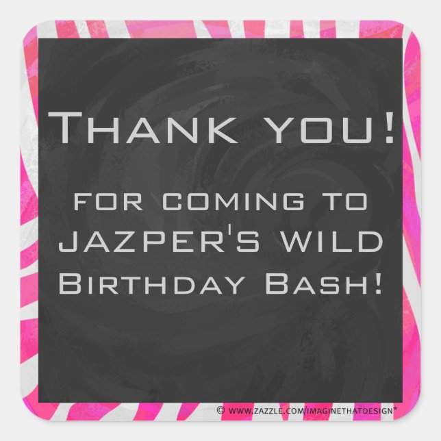 Zebra Hot Pink and White with Monogram Square Sticker (Front)