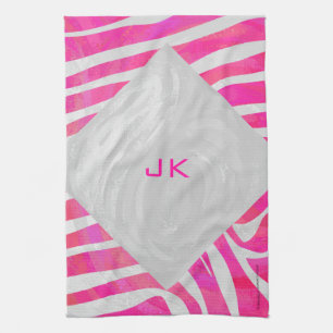 Zebra Hot Pink and White with Monogram Tea Towel