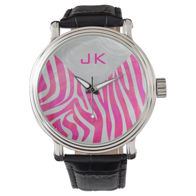 Zebra Hot Pink and White with Monogram Watch (Front)