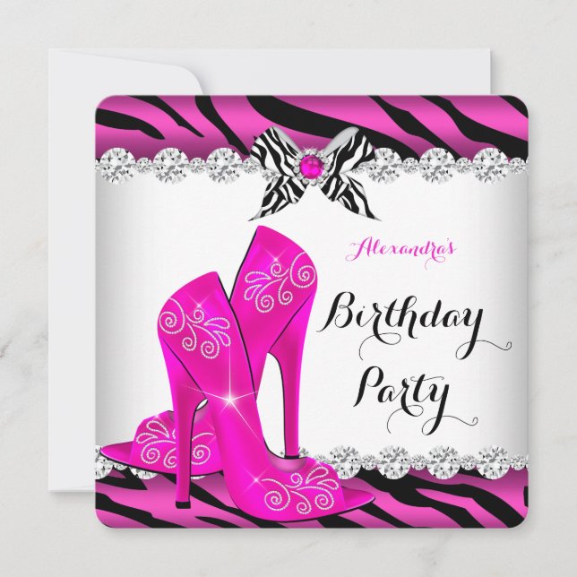 Zebra Hot Pink Glamour High Heels Birthday Party Invitation (Front)
