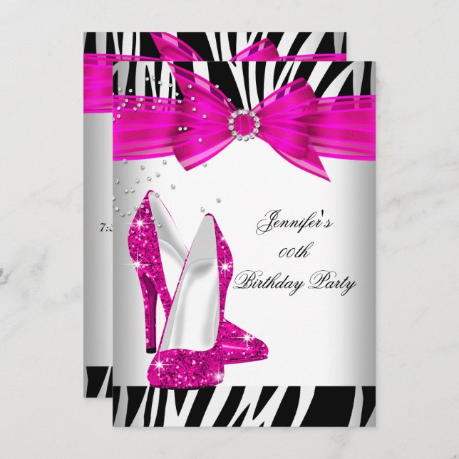 Zebra Hot Pink High Heel Shoe Black Birthday Party Invitation (Front/Back)