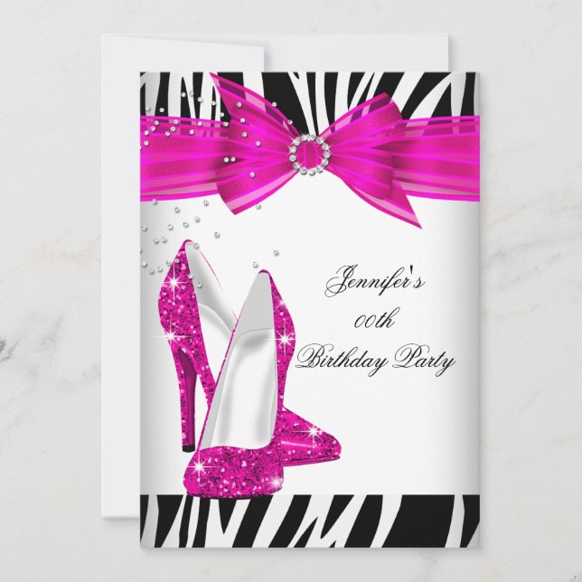 Zebra Hot Pink High Heel Shoe Black Birthday Party Invitation (Front)