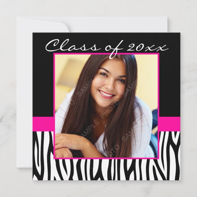 Zebra Hot Pink Photo Graduation Invitation (Front)