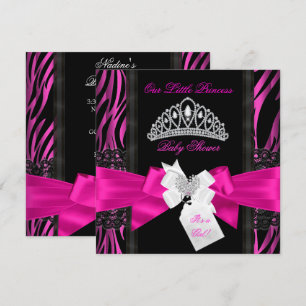 Zebra Hot Pink Princess Baby Shower Girl Black 2 Invitation