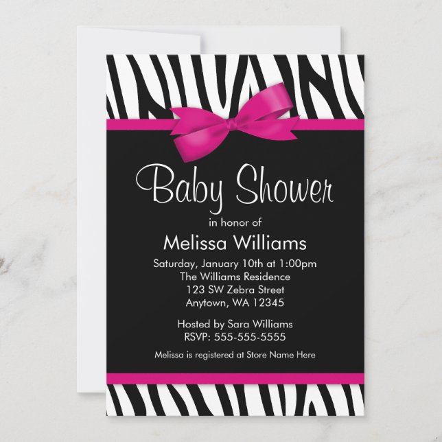 Zebra Hot Pink Printed Bow Baby Shower Invitation (Front)