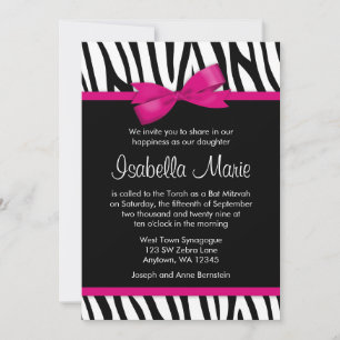Zebra Hot Pink Printed Bow Bat Mitzvah Invitations