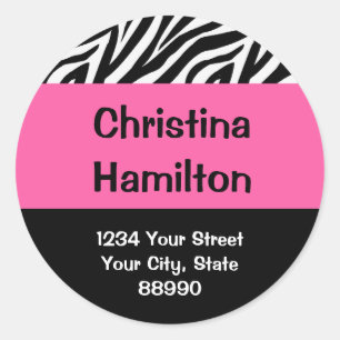Zebra & Hot Pink return address (#LABL 008) Classic Round Sticker