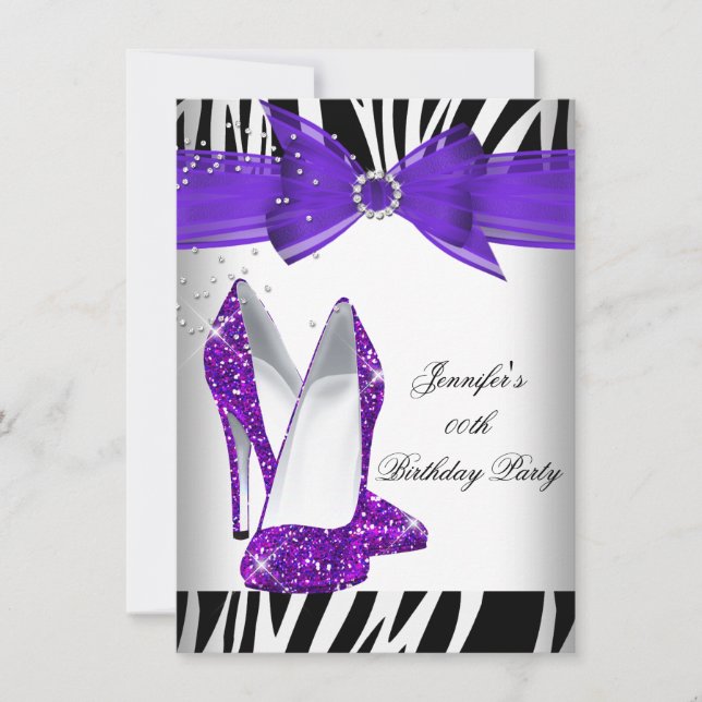 Zebra Hot Purple High Heel Black Birthday Party Invitation (Front)