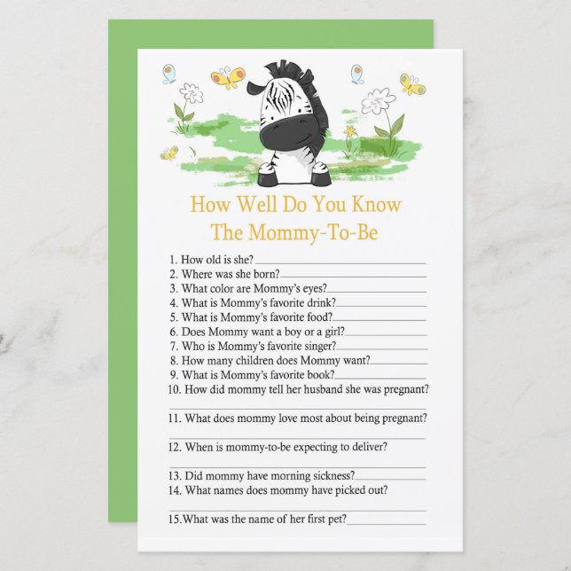 Zebra How well do you know baby shower (Front/Back)