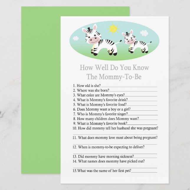 Zebra How well do you know baby shower game (Front/Back)