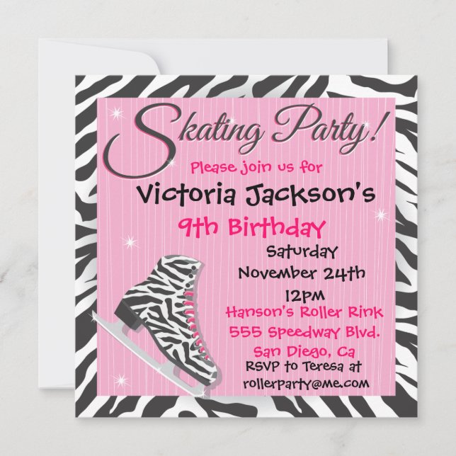 Zebra Ice Skating Party Invitations (Front)