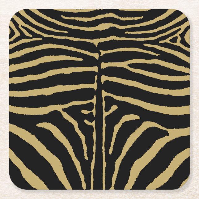 Zebra in Black and Gold Square Paper Coaster (Front)