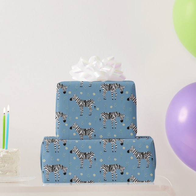 Zebra in Savanna Safari Pattern on Light Blue Wrapping Paper (Party Gifts)
