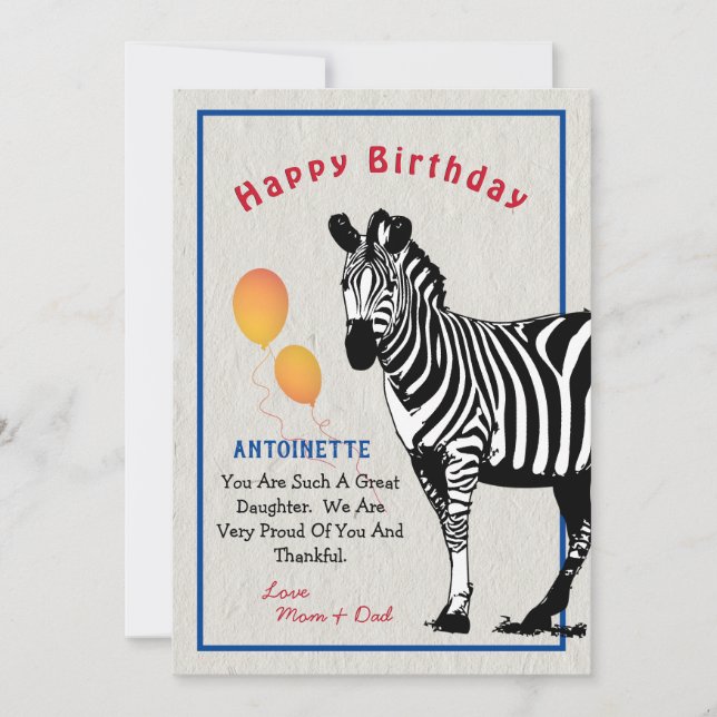 Zebra Jungle Animal Balloons Happy Birthday Card (Front)