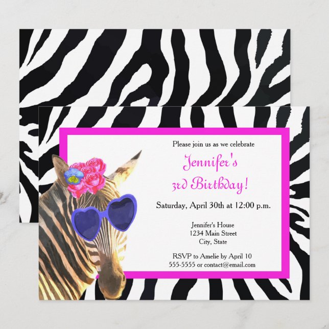 Zebra jungle animal fashion glamour happy birthday invitation (Front/Back)