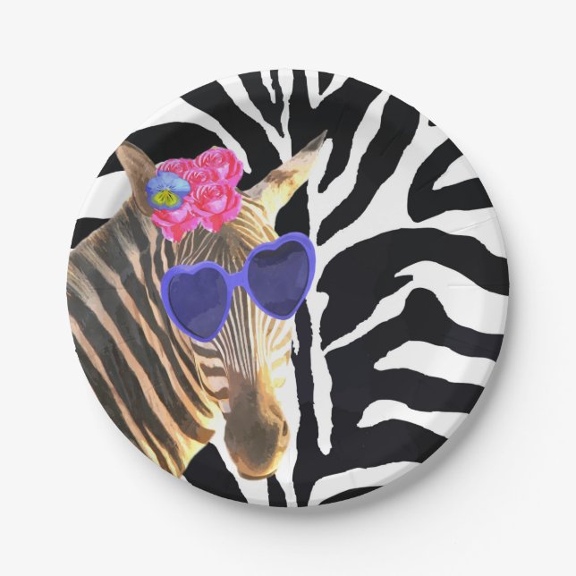 Zebra jungle animal fashion modern girl paper plate (Front)