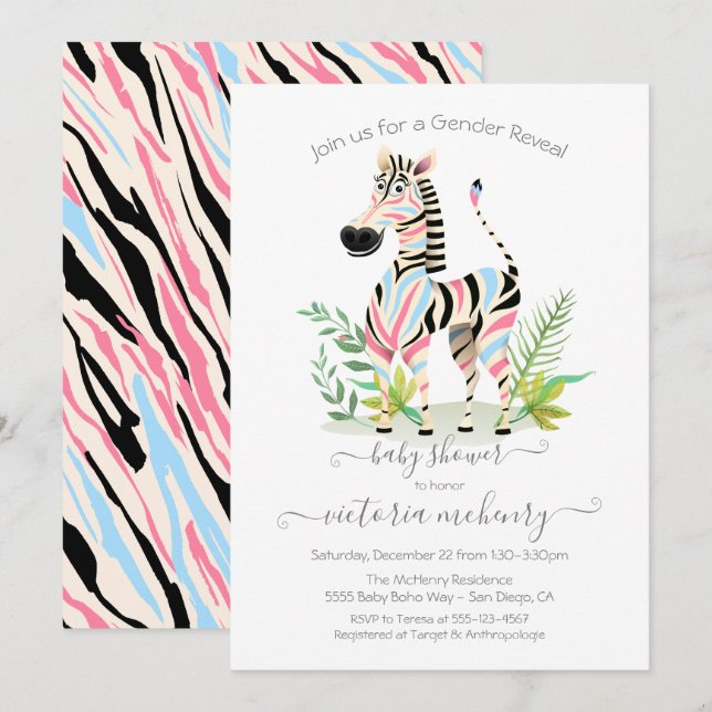Zebra Jungle Gender Reveal Baby Shower Invitation (Front/Back)