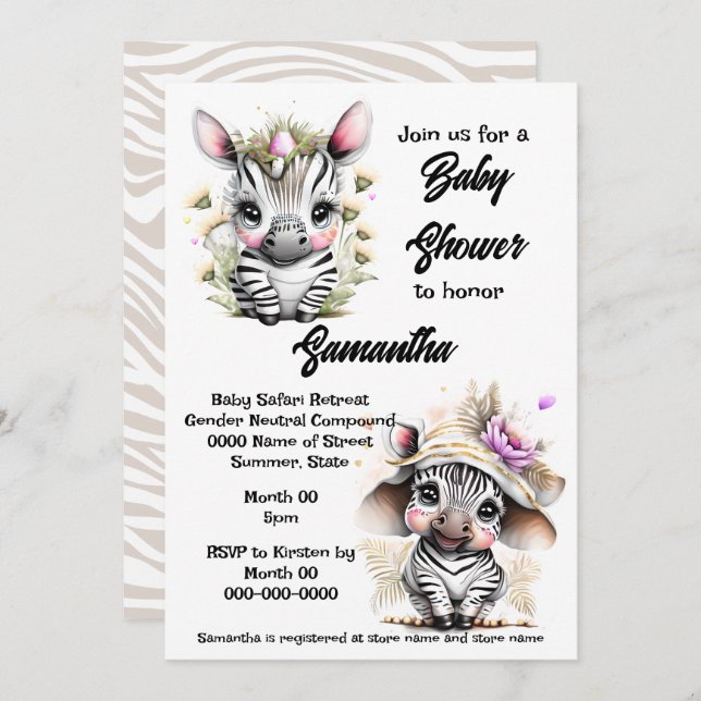 Zebra jungle safari baby shower wild animals invitation (Front/Back)
