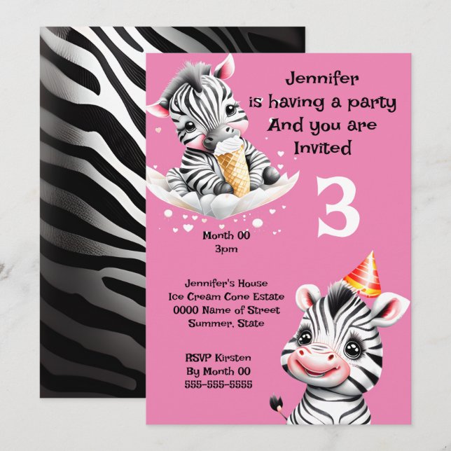 Zebra jungle safari party wild animals pink invitation (Front/Back)