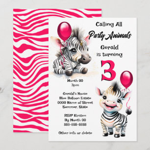 Zebra jungle safari theme pink black stripes kids invitation