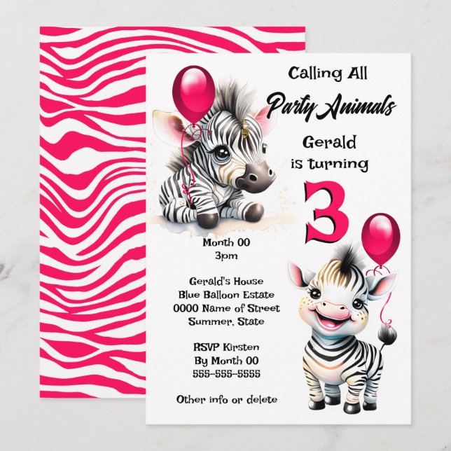 Zebra jungle safari theme pink black stripes kids invitation (Front/Back)