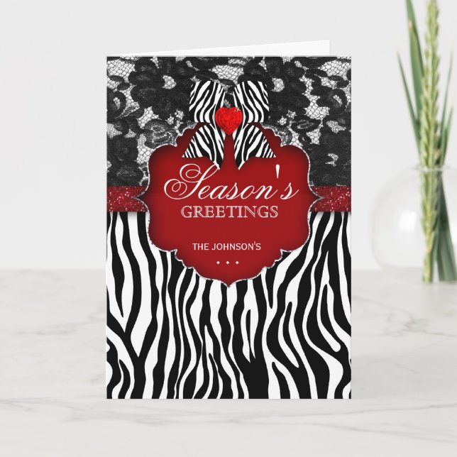 Zebra Lace Christmas Card Red Heart Bow (Front)