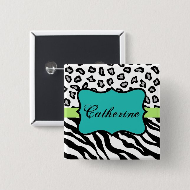  Zebra Leopard Skin Black White Teal Name Badge (Front & Back)