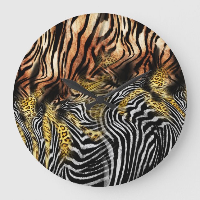 Zebra Leopard Skin Mixed Pattern Large Clock (Front)