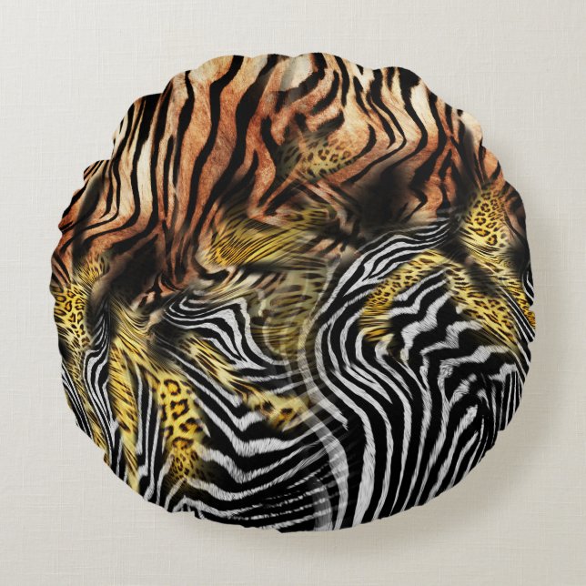 Zebra Leopard Skin Mixed Pattern Round Cushion (Front)