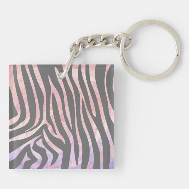 Zebra Light Grey and Pink Print Key Ring (Back)