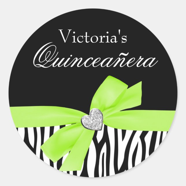 Zebra Lime Green Bow Diamond Quinceanera Classic Round Sticker (Front)