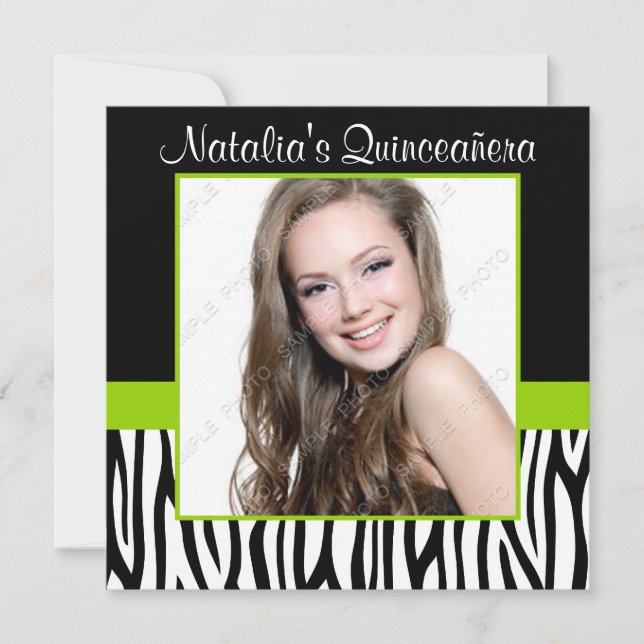 Zebra Lime Green Photo Quinceanera Invitations (Front)