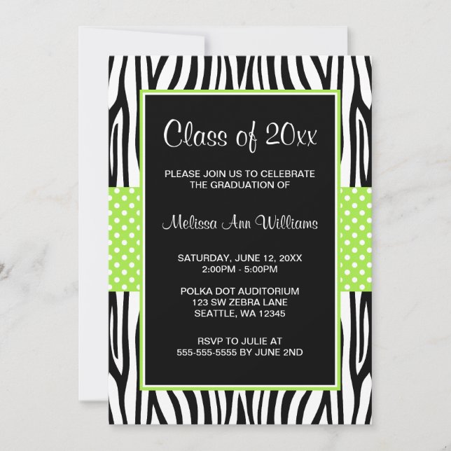 Zebra Lime Green Polka Dot Graduation Announcement (Front)