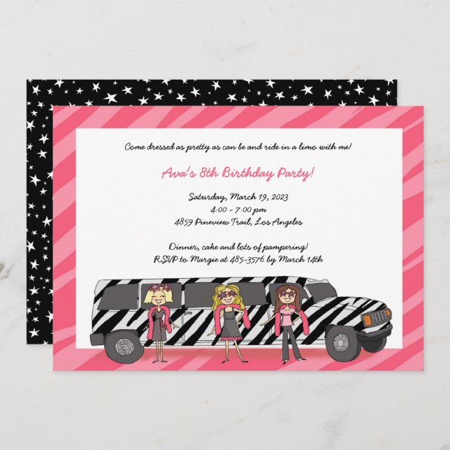 Zebra Limo Girls Invitations Glam Birthday Party (Front/Back)