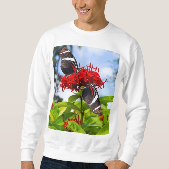 Zebra longwing butterflies on red flowers sweatshirt (Front)