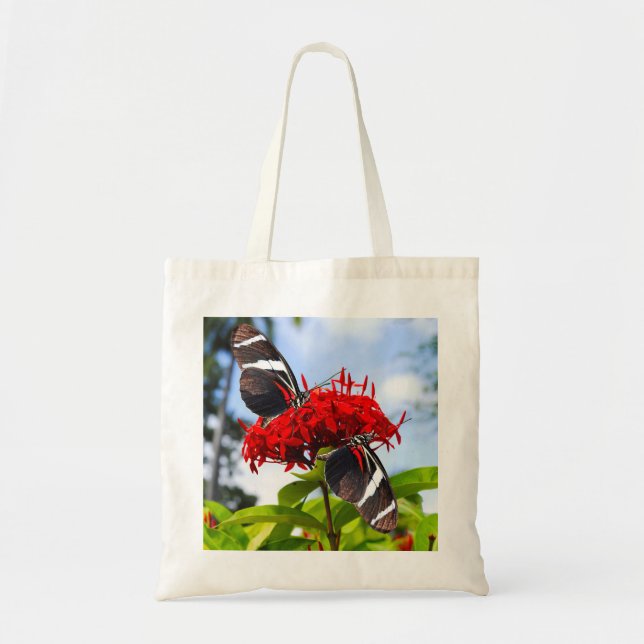 Zebra longwing butterflies on red flowers tote bag (Front)